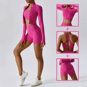 3 Piece Yoga Shorts Set for Women - High-Waisted Pants, Sports Bra, Jacket Fitness Suit, Shockproof Tight-Fitting Yoga Clothing