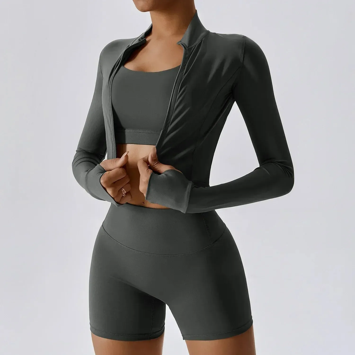 3 Piece Yoga Shorts Set for Women - High-Waisted Pants, Sports Bra, Jacket Fitness Suit, Shockproof Tight-Fitting Yoga Clothing