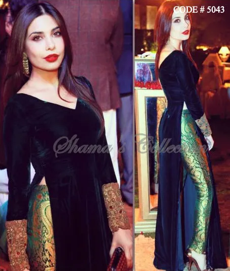 5043 Maheen Taseer's bottle green maxi-top and pants outfit set