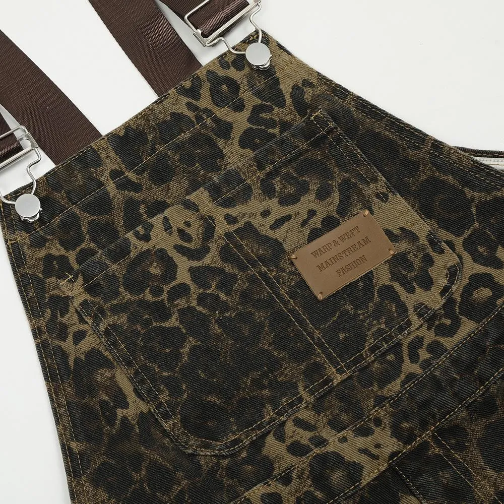 American Style Street Leopard Print Overalls Men's Design Sense Trendy Brand Loose Straight Denim Overalls