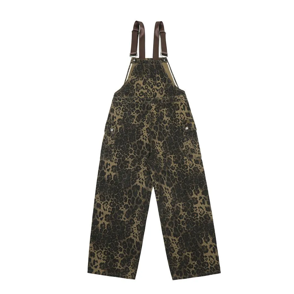 American Style Street Leopard Print Overalls Men's Design Sense Trendy Brand Loose Straight Denim Overalls