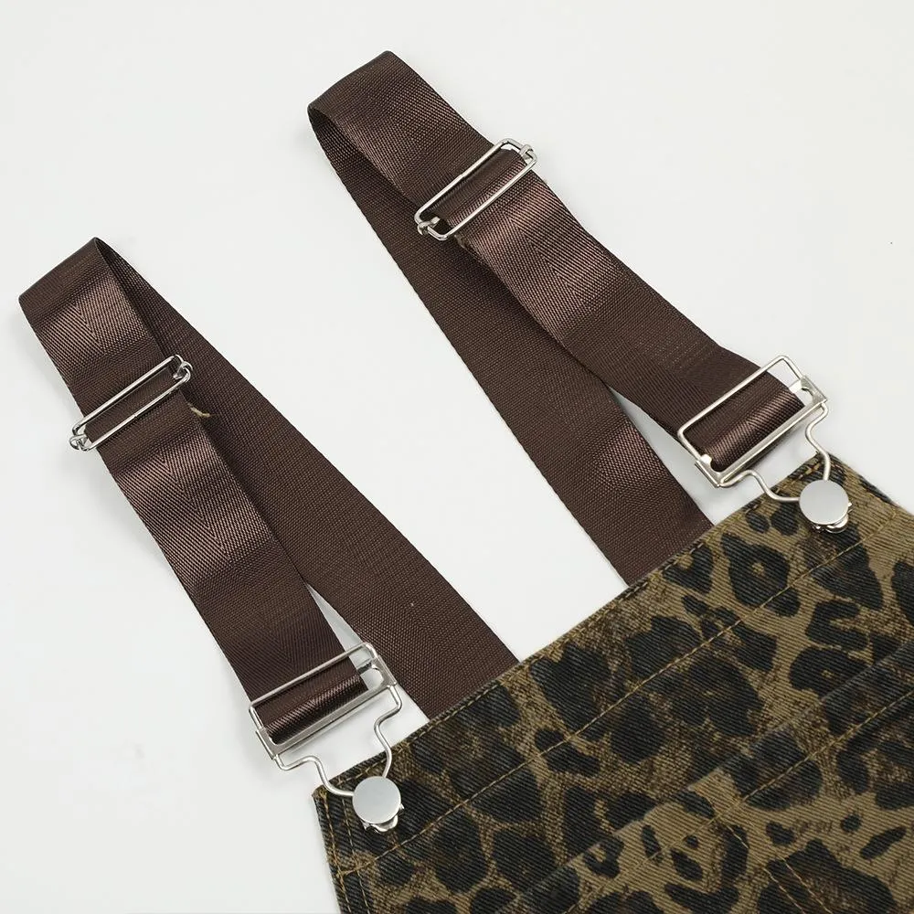 American Style Street Leopard Print Overalls Men's Design Sense Trendy Brand Loose Straight Denim Overalls