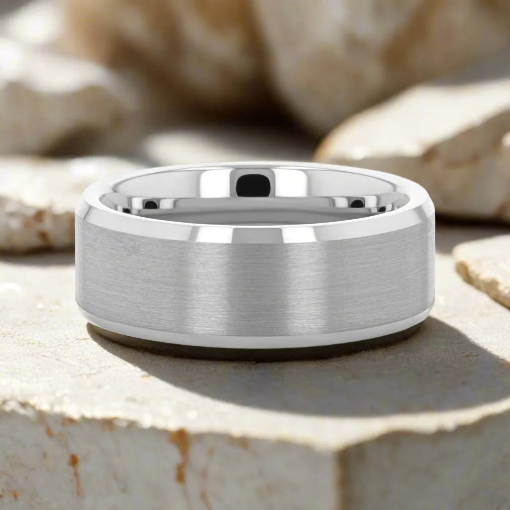ANDREW | Silver Tungsten Ring, Brushed, Beveled Edges