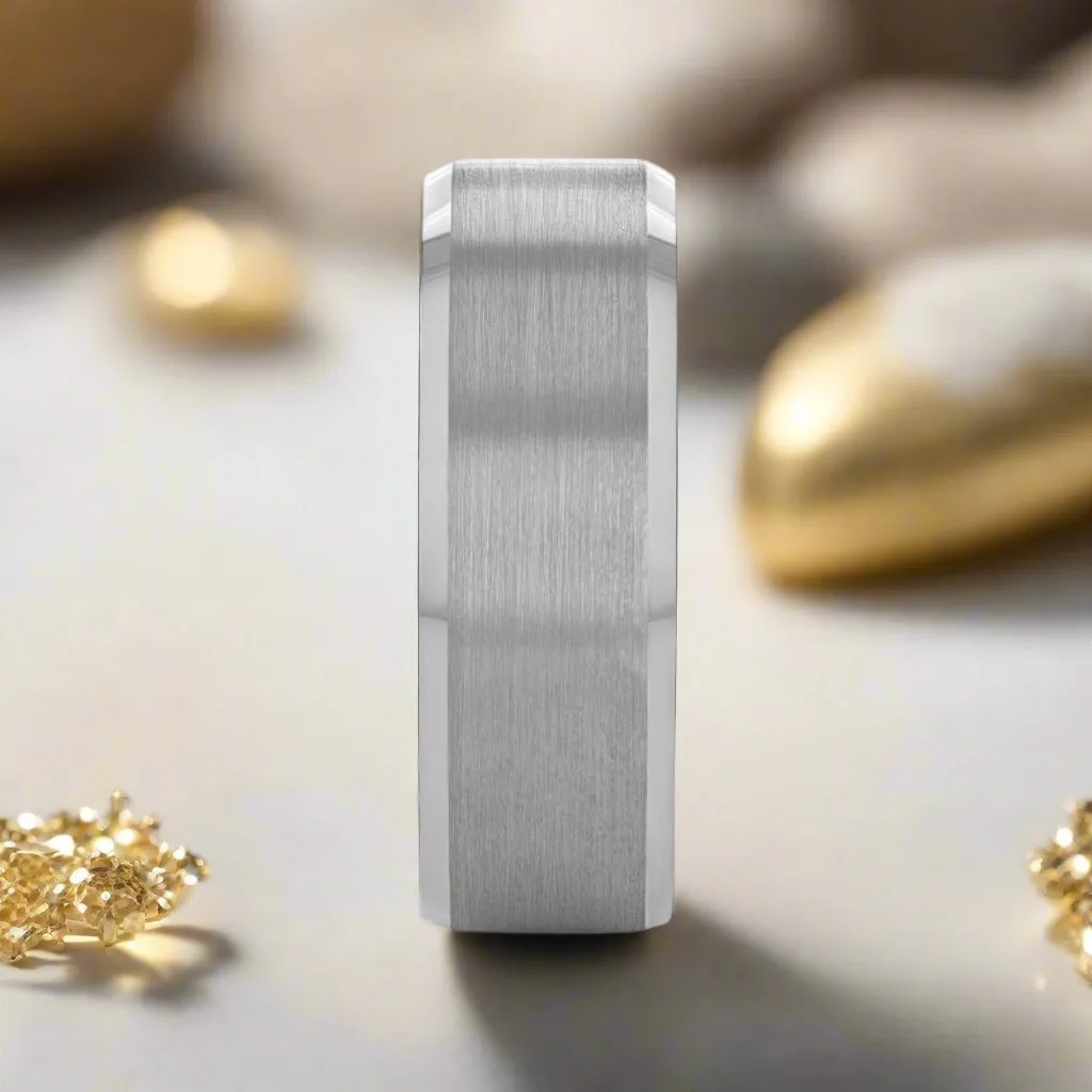 ANDREW | Silver Tungsten Ring, Brushed, Beveled Edges
