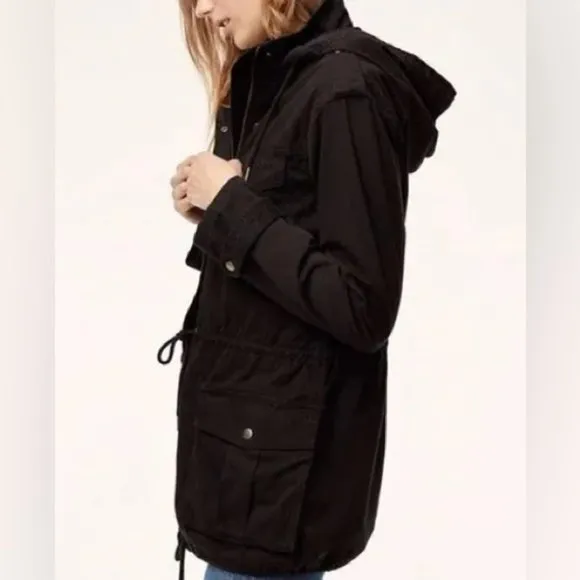 Aritzia Talula Trooper Cargo Hooded Utility Coat Jacket Parka in Black Size Extr