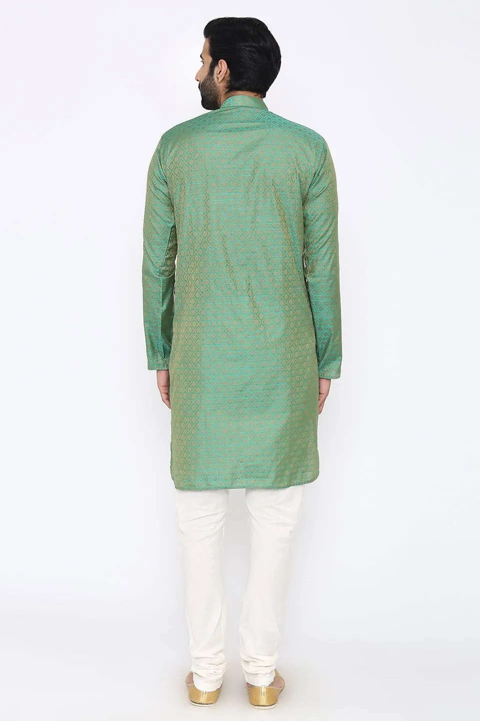 Banarasi Art Silk Cotton Blend Green Long Kurta Pajama