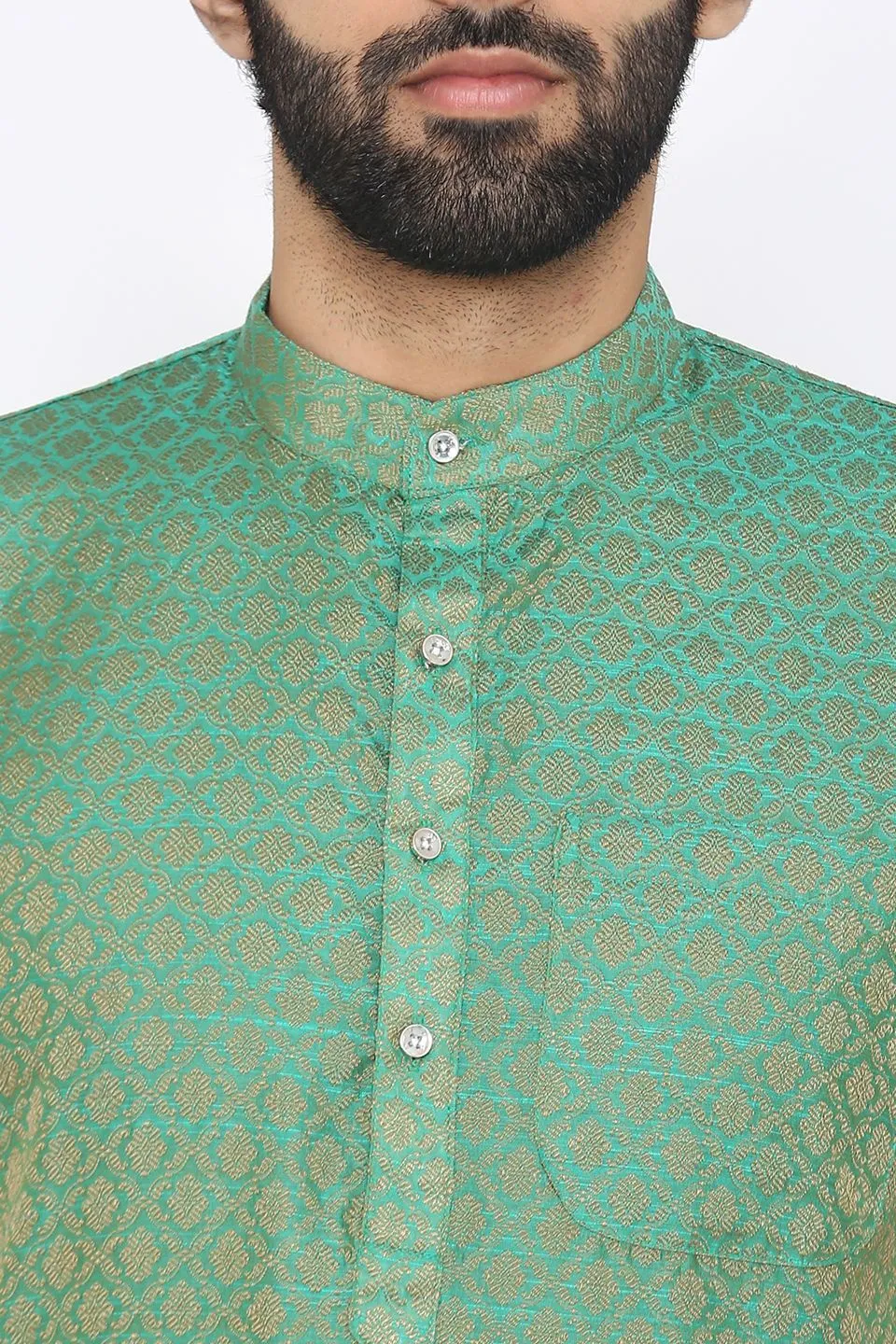 Banarasi Art Silk Cotton Blend Green Long Kurta Pajama