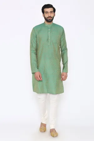 Banarasi Art Silk Cotton Blend Green Long Kurta Pajama