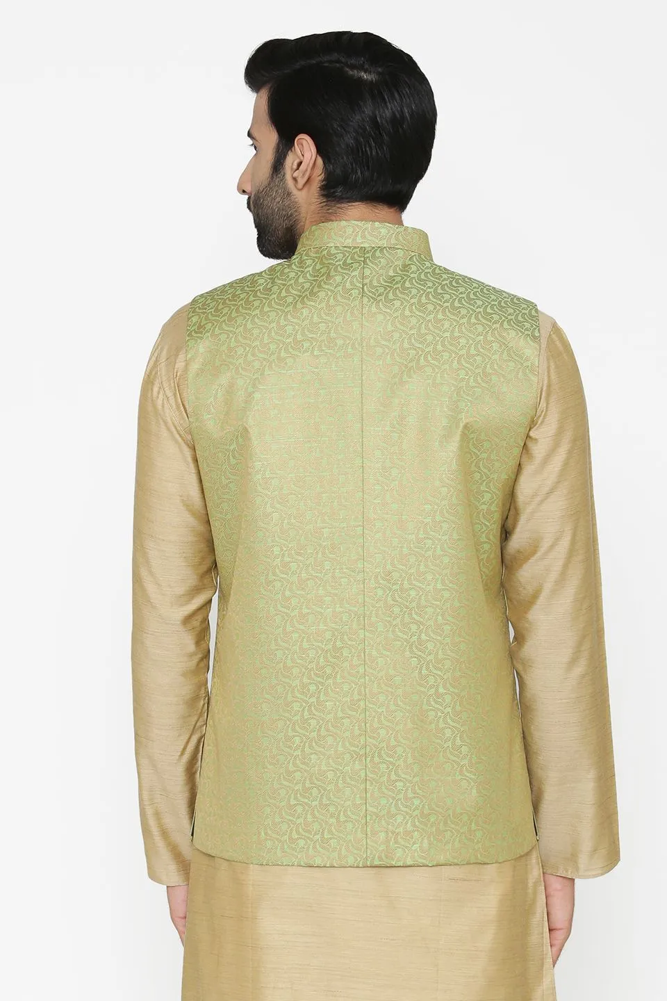 Banarasi Art Silk Cotton Blend Green Modi Nehru Jacket