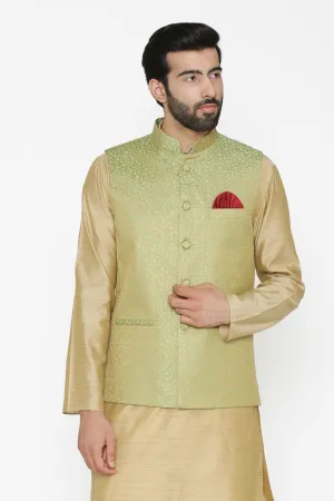 Banarasi Art Silk Cotton Blend Green Modi Nehru Jacket