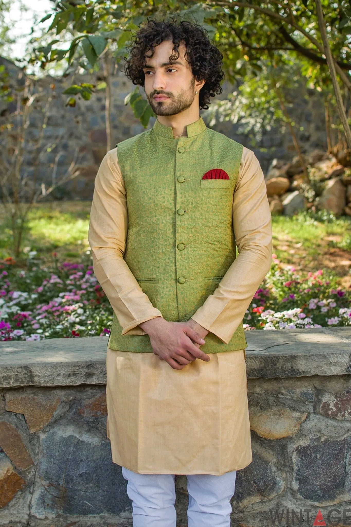 Banarasi Art Silk Cotton Blend Green Modi Nehru Jacket