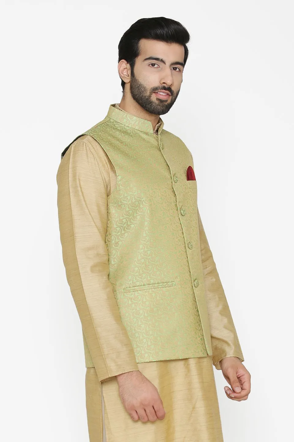 Banarasi Art Silk Cotton Blend Green Modi Nehru Jacket