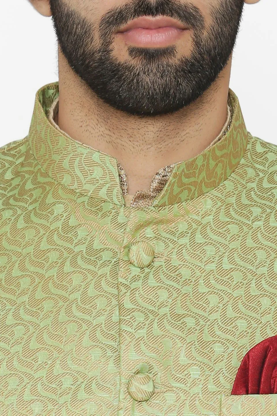 Banarasi Art Silk Cotton Blend Green Modi Nehru Jacket