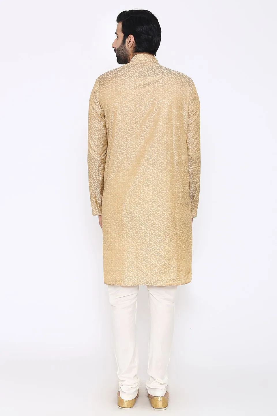 Banarasi Art Silk Cotton Blend Off-White Long Kurta Pajama