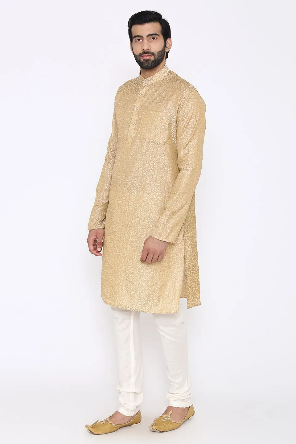 Banarasi Art Silk Cotton Blend Off-White Long Kurta Pajama