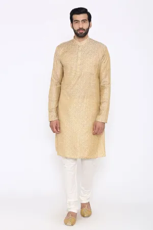 Banarasi Art Silk Cotton Blend Off-White Long Kurta Pajama