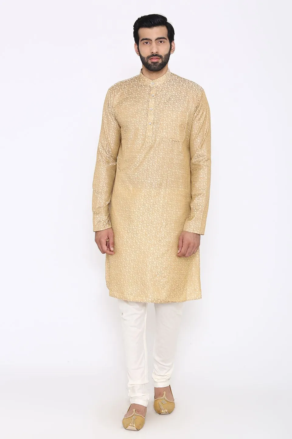 Banarasi Art Silk Cotton Blend Off-White Long Kurta Pajama