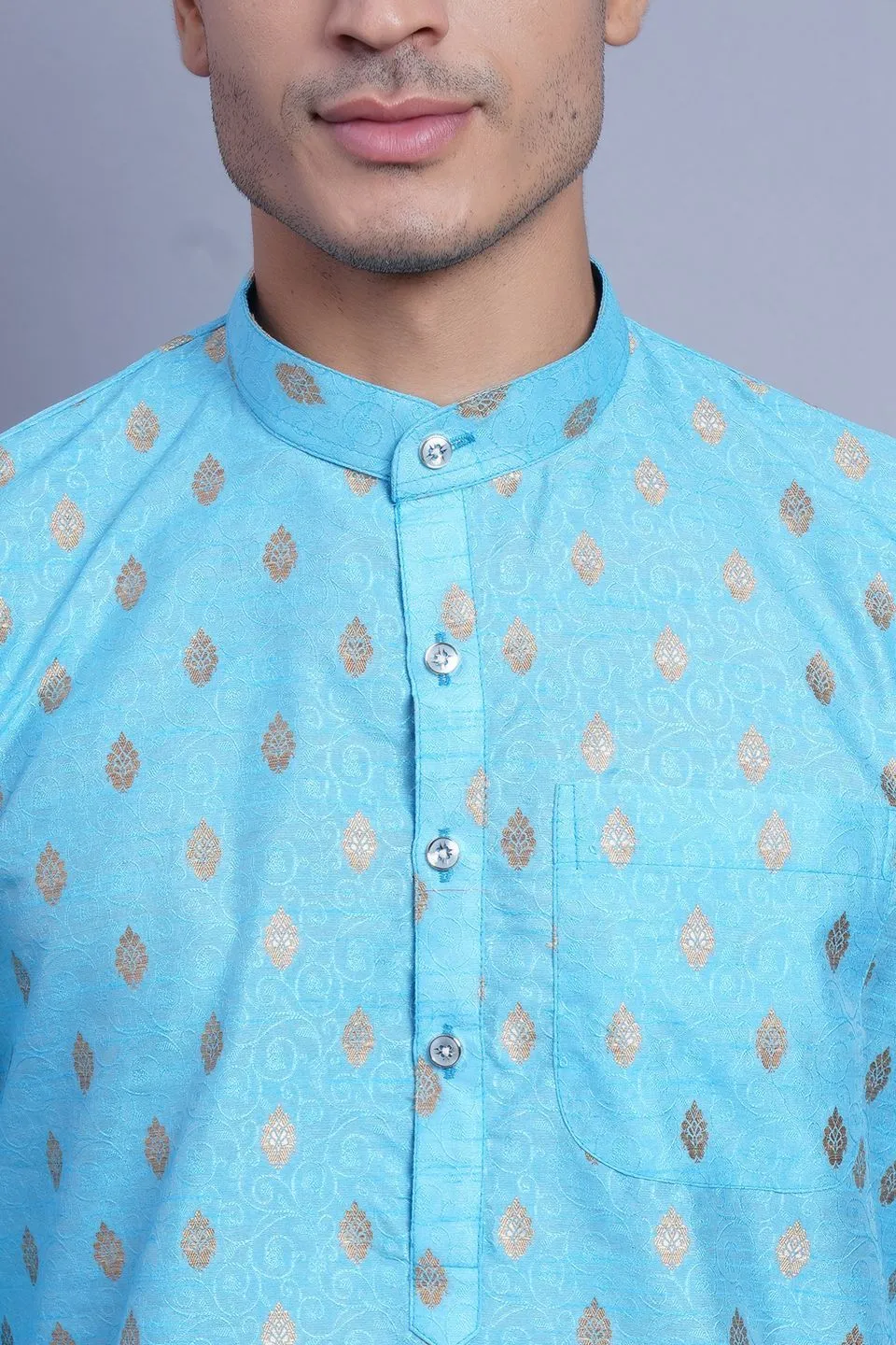 Banarasi Art Silk Cotton Blue Kurta Pajama
