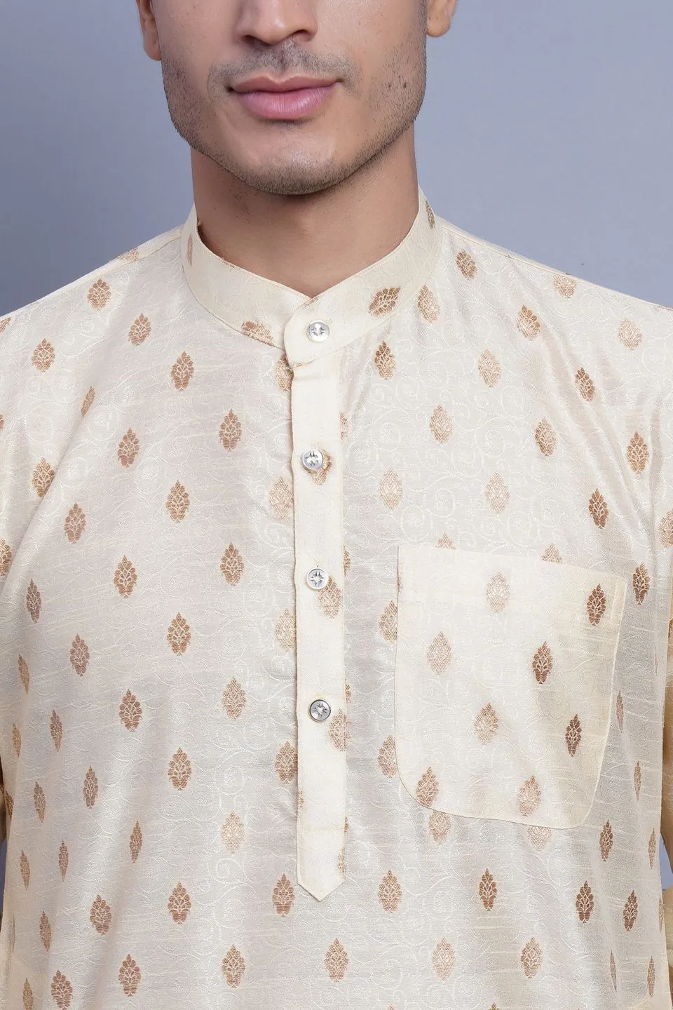 Banarasi Art Silk Cotton Cream Kurta Pajama