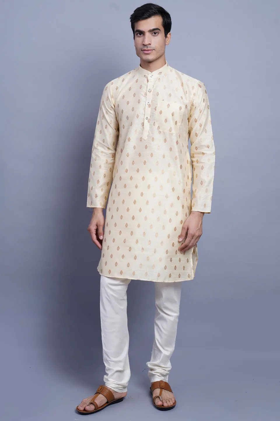 Banarasi Art Silk Cotton Cream Kurta Pajama