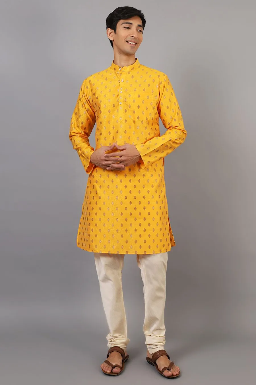 Banarasi Art Silk Cotton Yellow Kurta Pajama