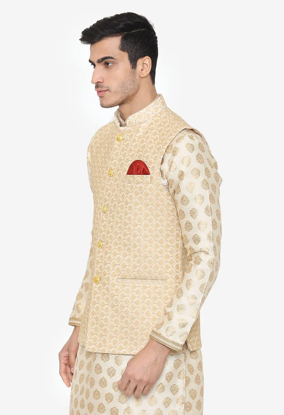 Banarasi Rayon Cotton Beige Nehru Modi Jacket