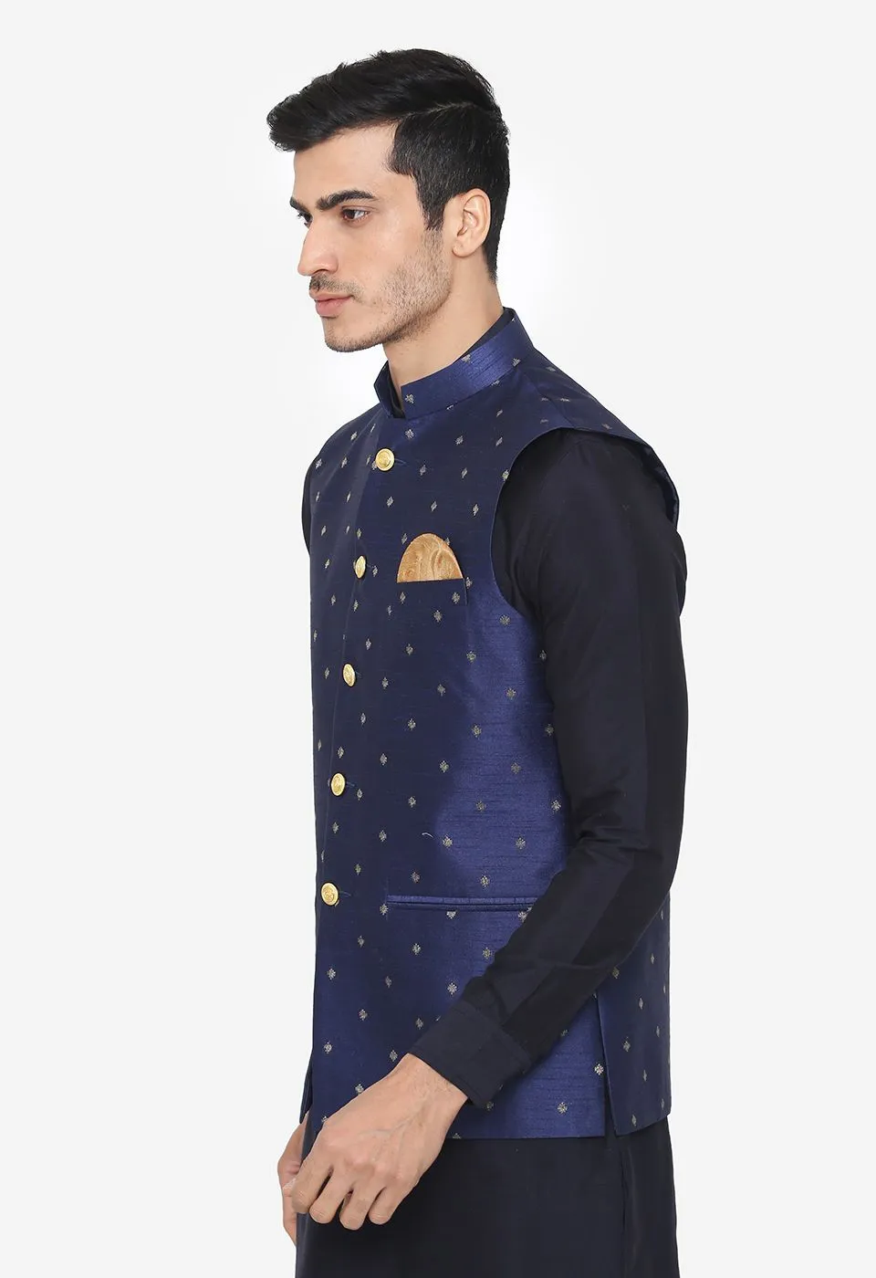 Banarasi Rayon Cotton Blue Nehru Modi Jacket