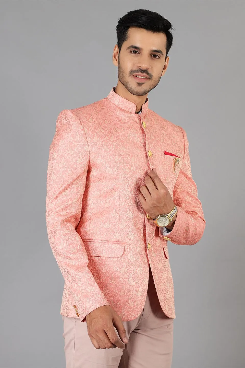 Banarasi Rayon Cotton Pink Bandhgala