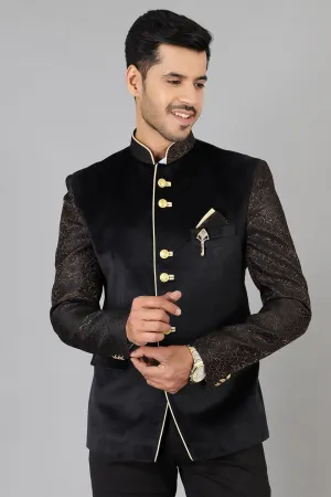 Banarasi Rayon Cotton Velvet Black Bandhgala