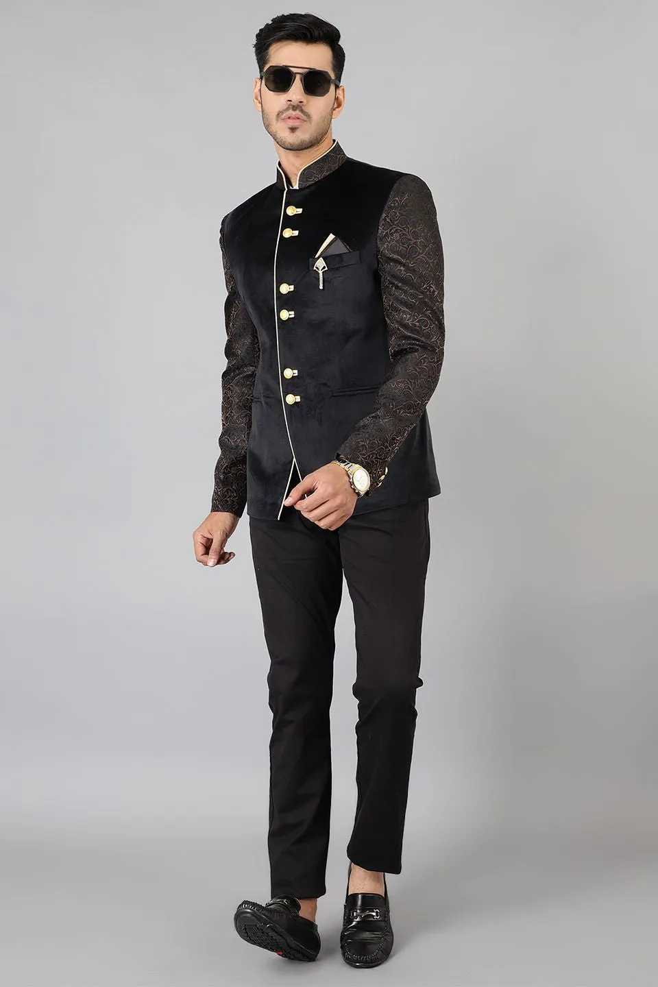 Banarasi Rayon Cotton Velvet Black Bandhgala