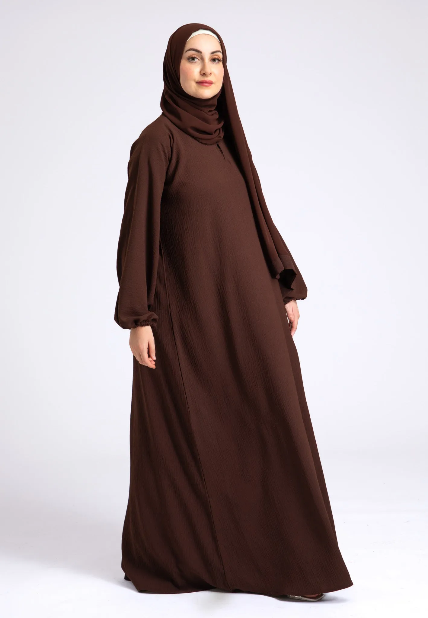 Basic Everyday Abaya With Elasticated Sleeves - Brown
