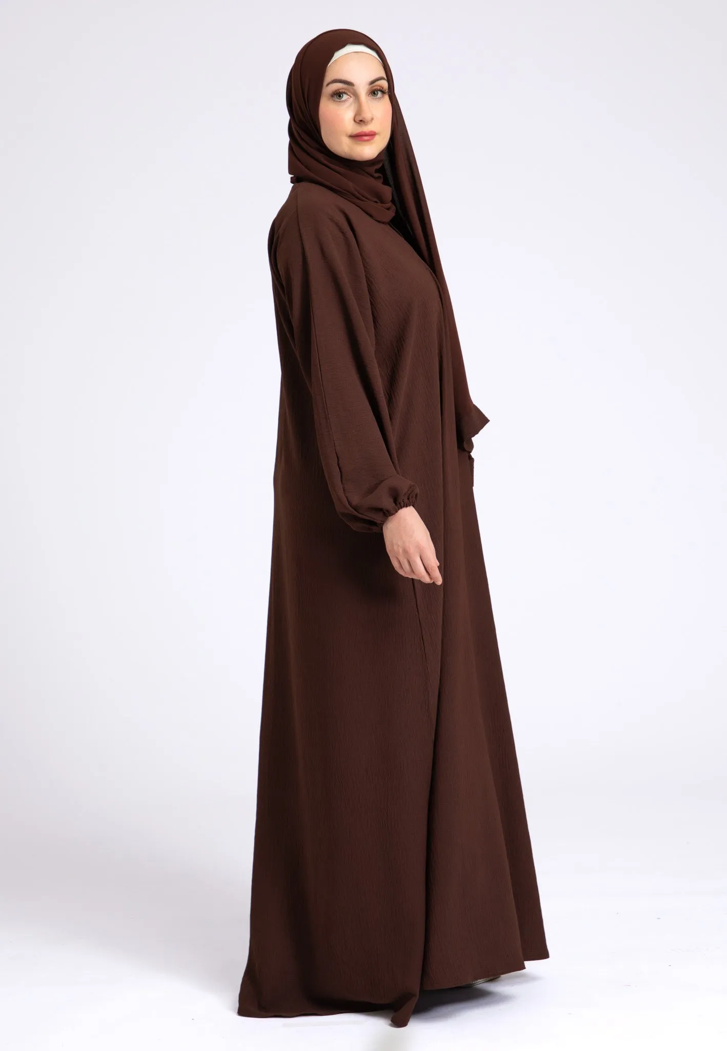 Basic Everyday Abaya With Elasticated Sleeves - Brown