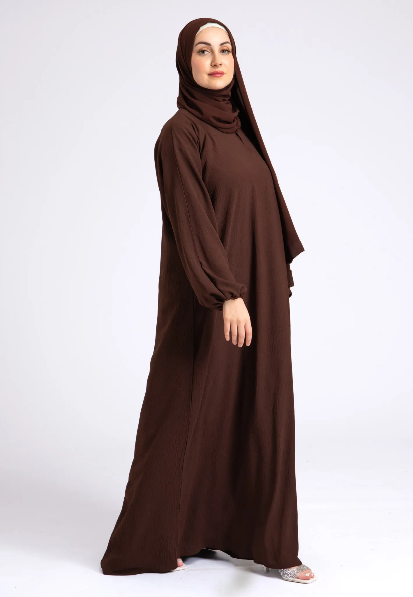 Basic Everyday Abaya With Elasticated Sleeves - Brown
