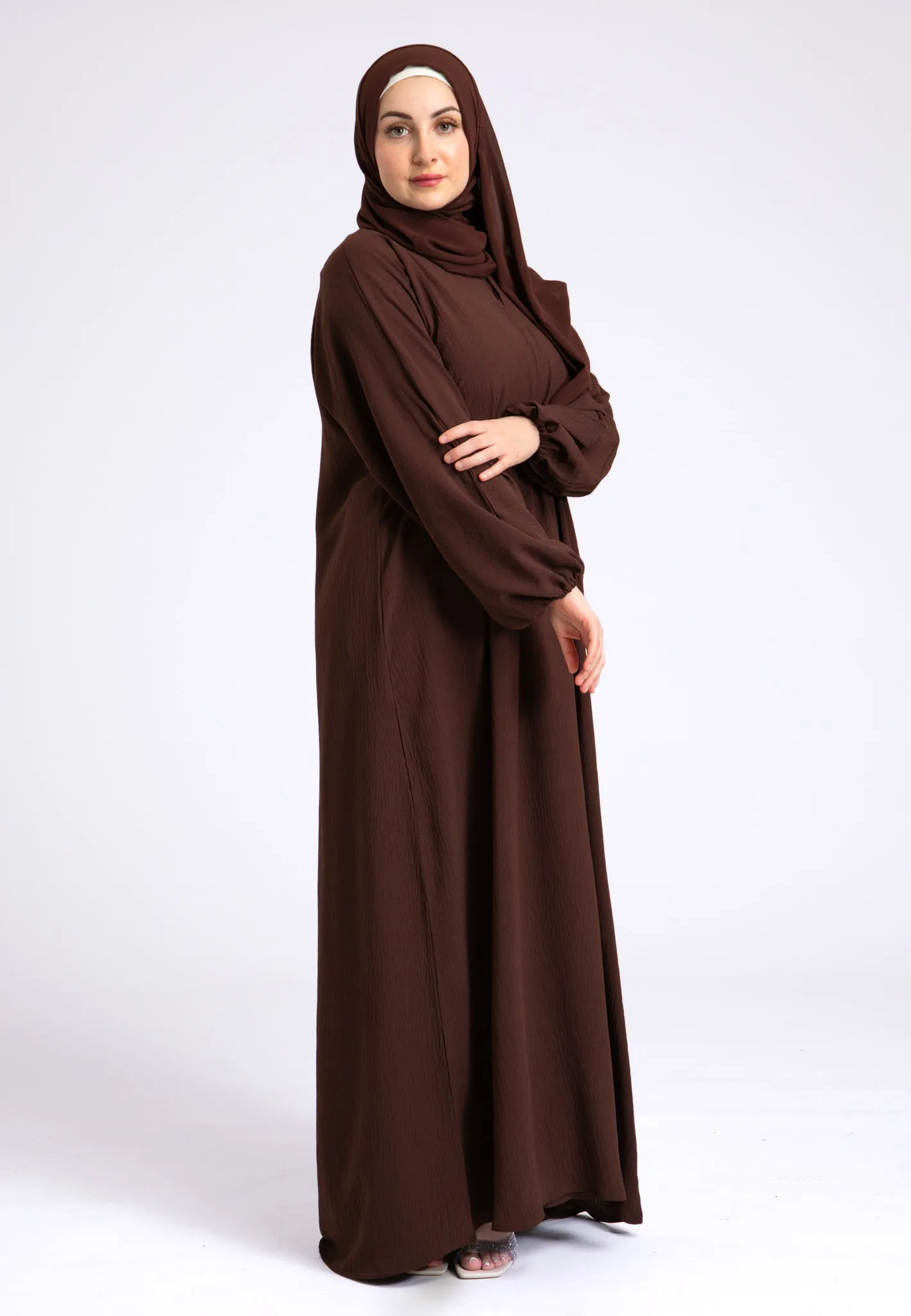 Basic Everyday Abaya With Elasticated Sleeves - Brown