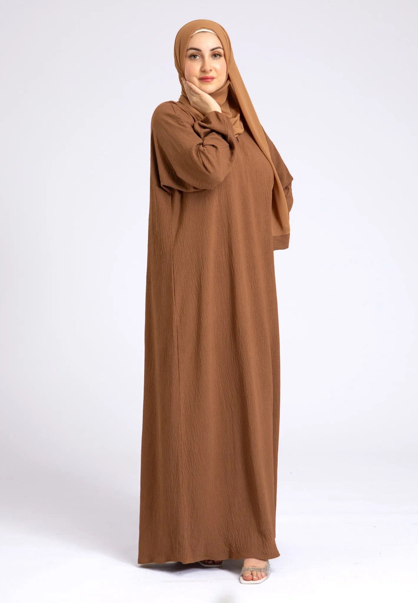 Basic Everyday Abaya With Elasticated Sleeves - Tan