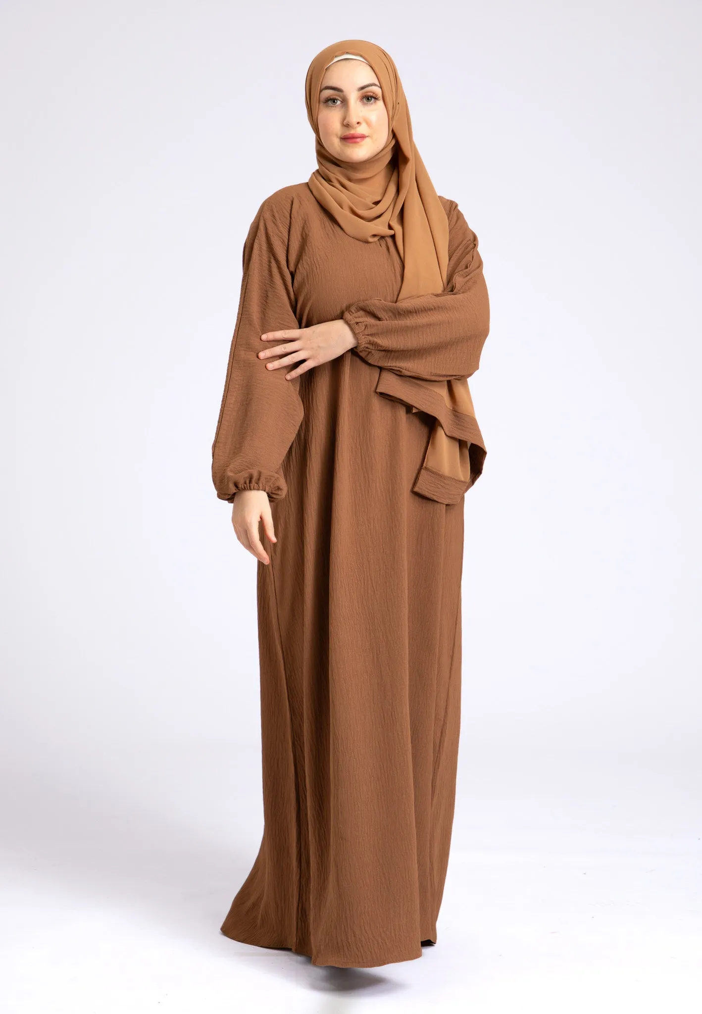 Basic Everyday Abaya With Elasticated Sleeves - Tan
