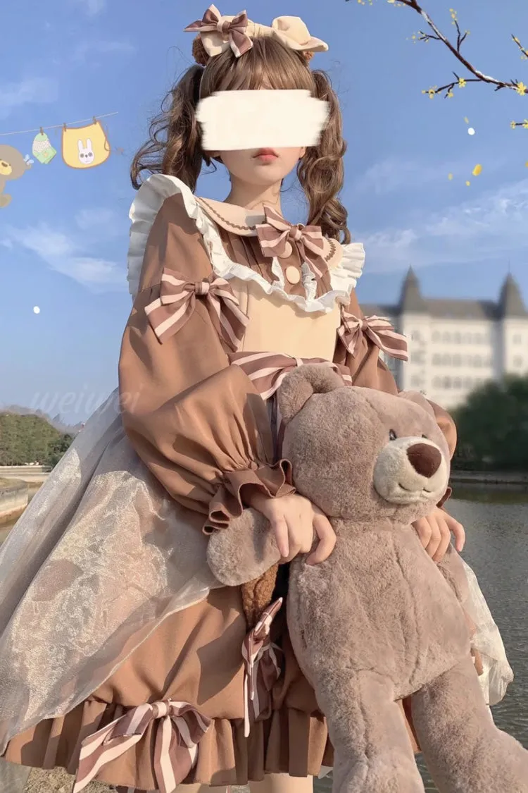 Bear Long Sleeves High Waisted Ruffle Bowknot Sweet Lolita Dress 3 Colors