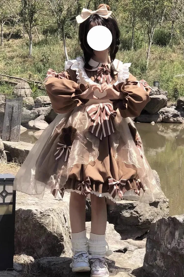 Bear Long Sleeves High Waisted Ruffle Bowknot Sweet Lolita Dress 3 Colors