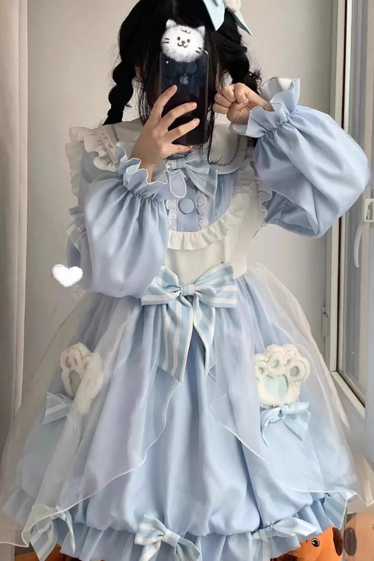 Bear Long Sleeves High Waisted Ruffle Bowknot Sweet Lolita Dress 3 Colors