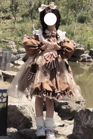 Bear Long Sleeves High Waisted Ruffle Bowknot Sweet Lolita Dress 3 Colors