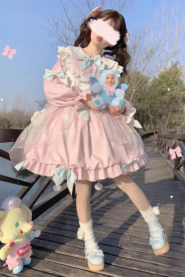Bear Long Sleeves High Waisted Ruffle Bowknot Sweet Lolita Dress 3 Colors