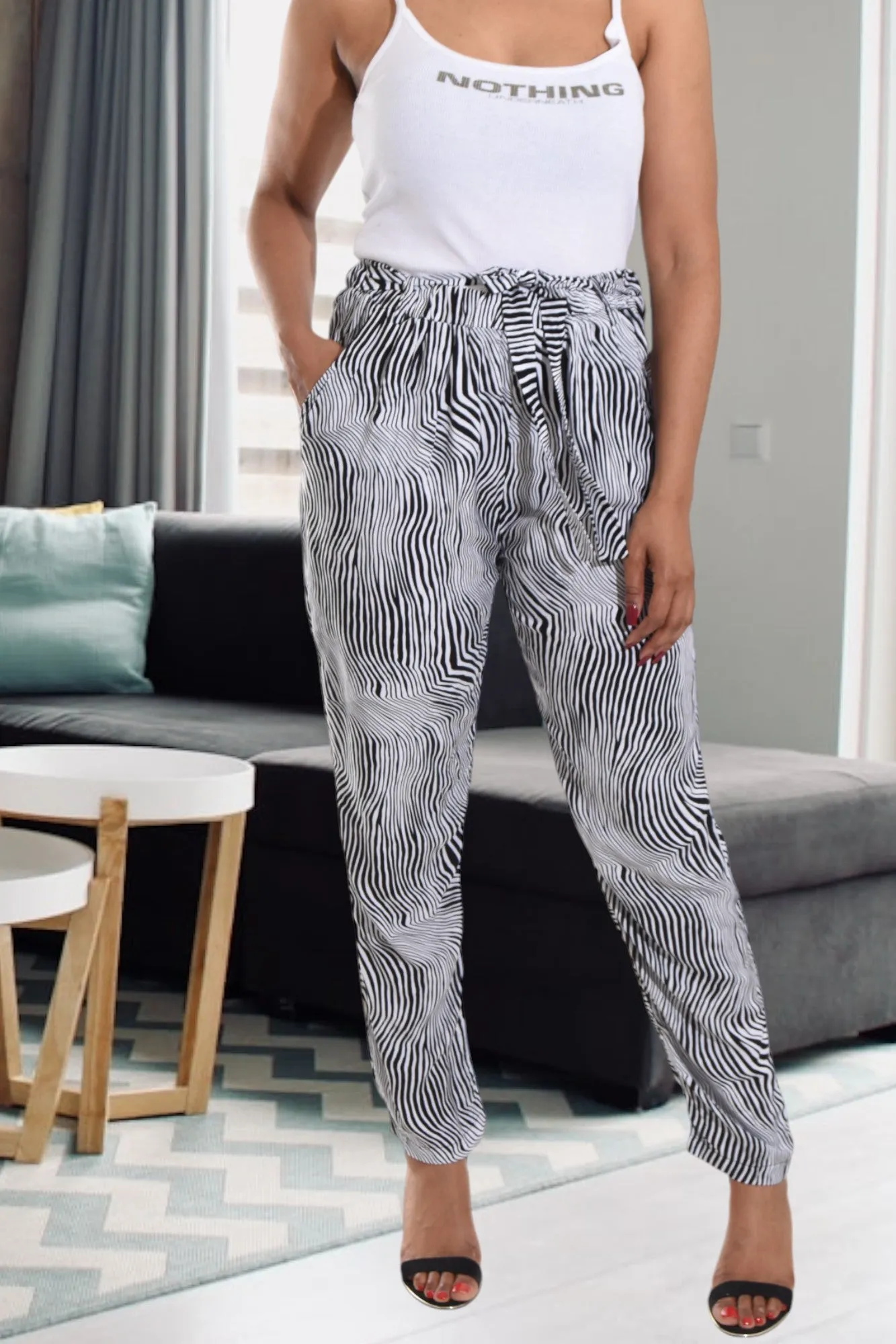 Black And White Printed Pocket Pants