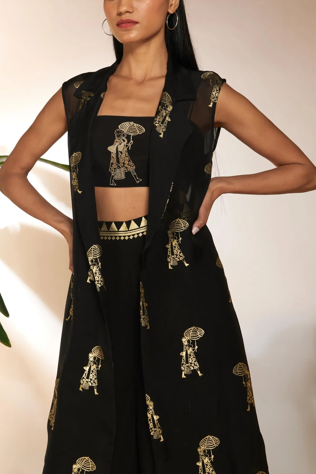 Black embroidered shrug and pant set