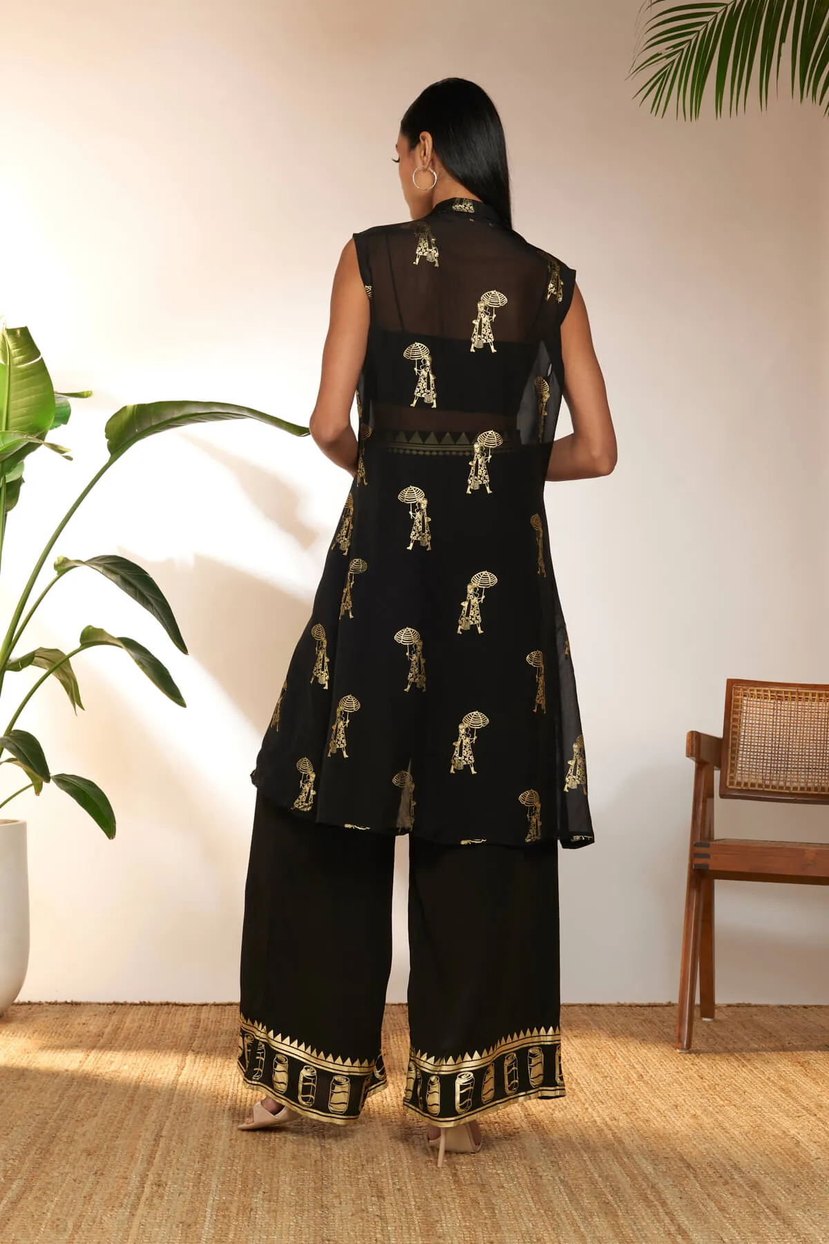 Black embroidered shrug and pant set