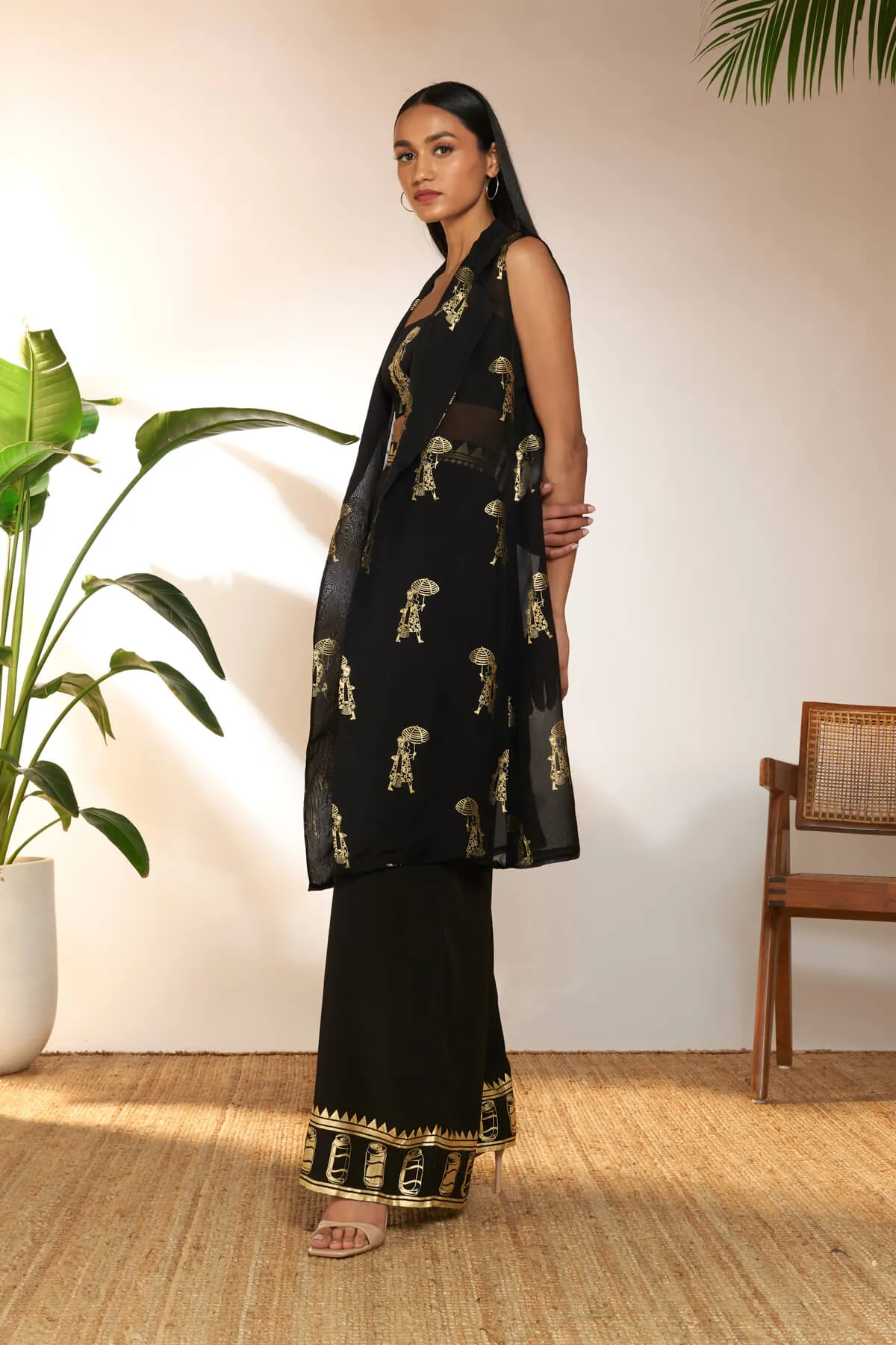 Black embroidered shrug and pant set