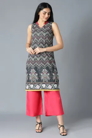 Black Floral Printed kurta In V-Neck With Red Straight Palazzo