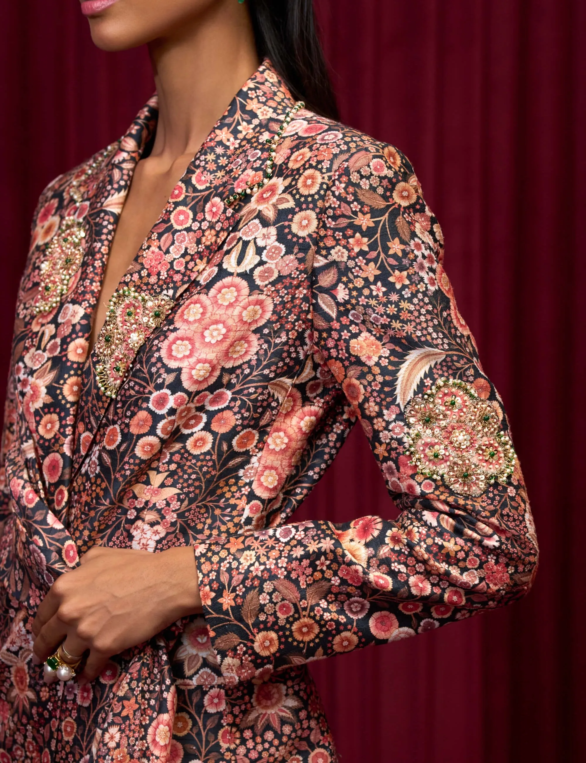 Black print revel jacket and flared pants