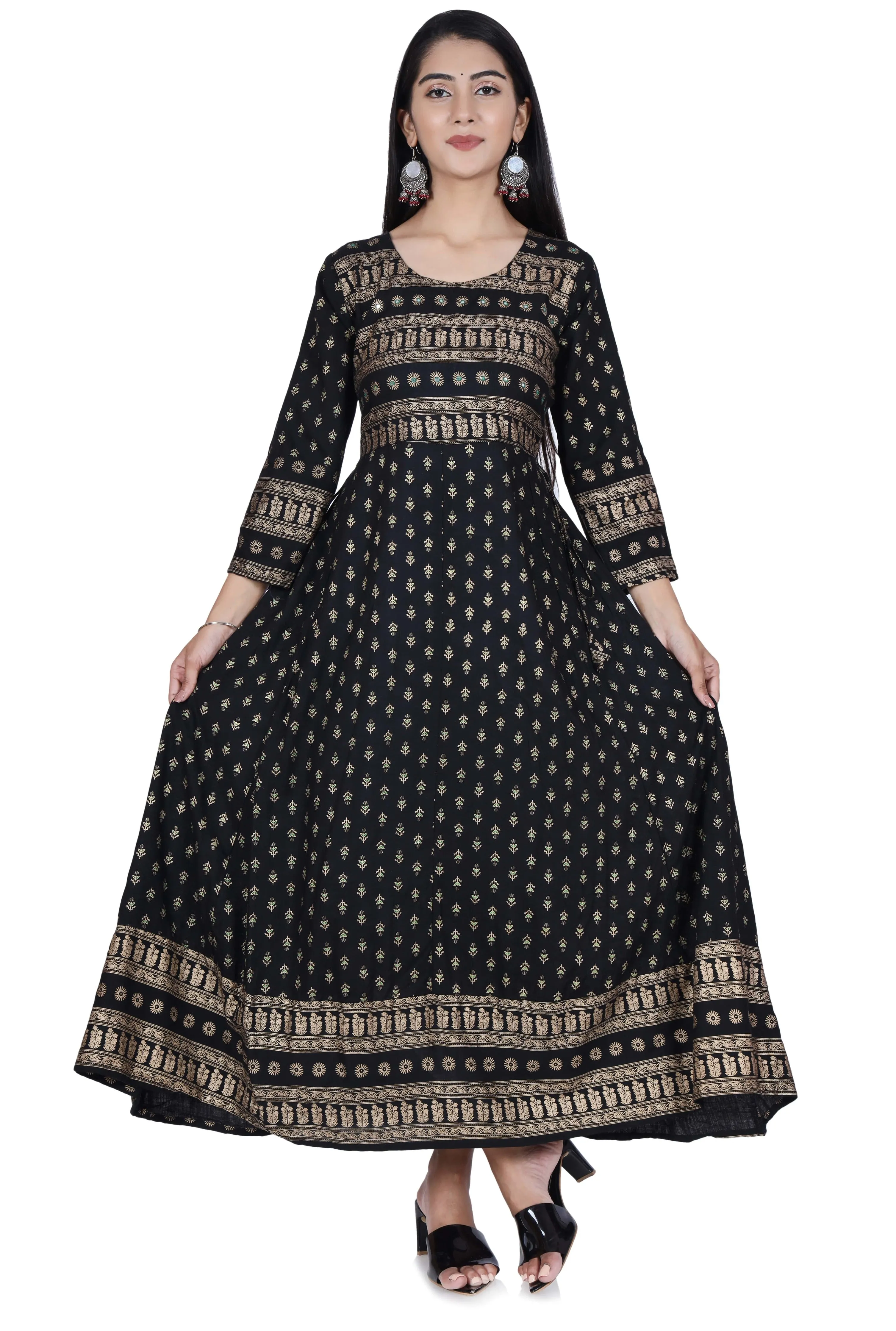Black Printed Cotton Flared Kurta