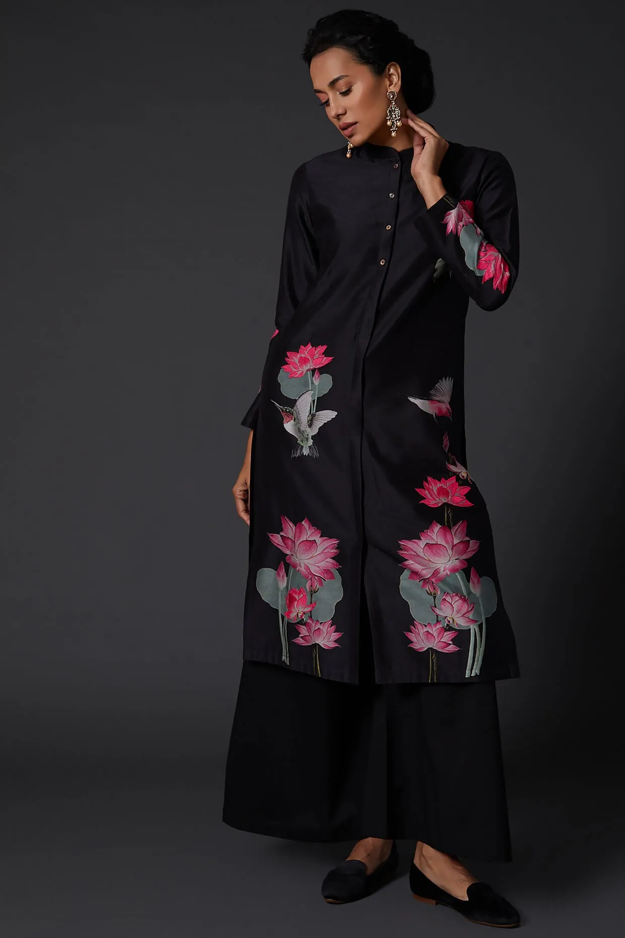 Black Printed Embroidered Kurta With Palazzo