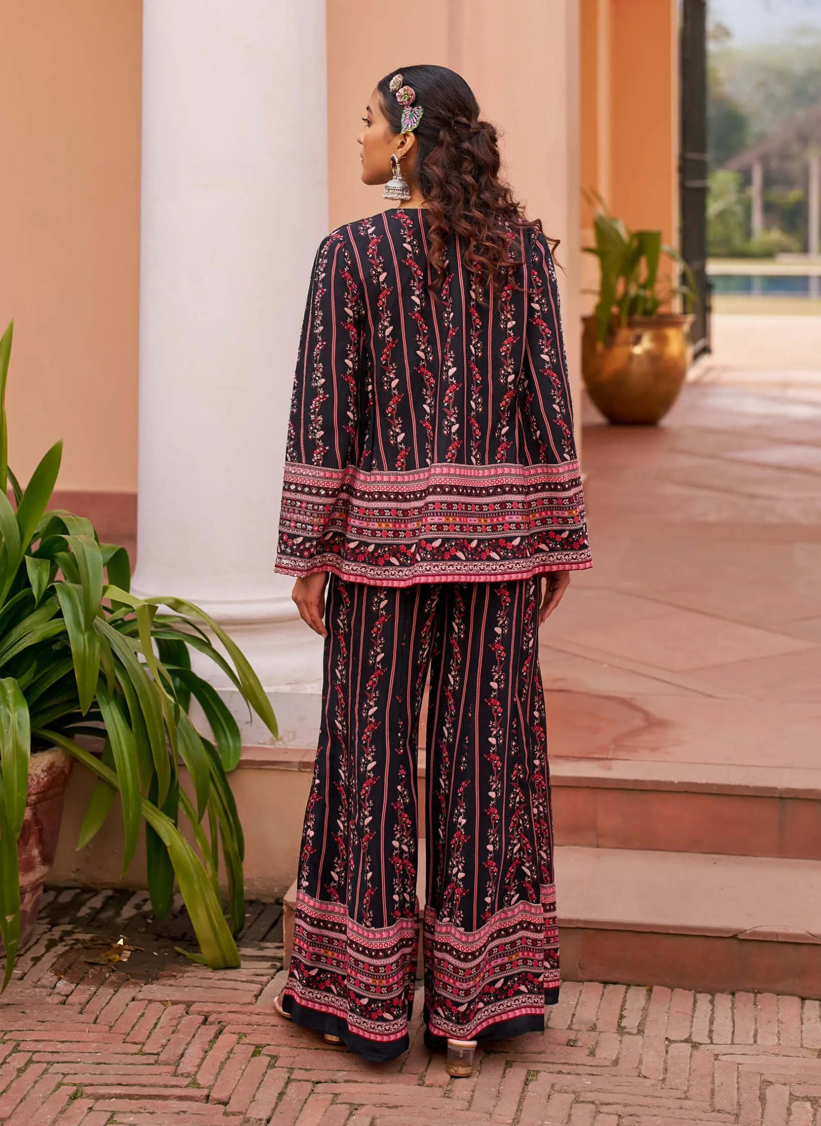 Black printed palazzo and cape set